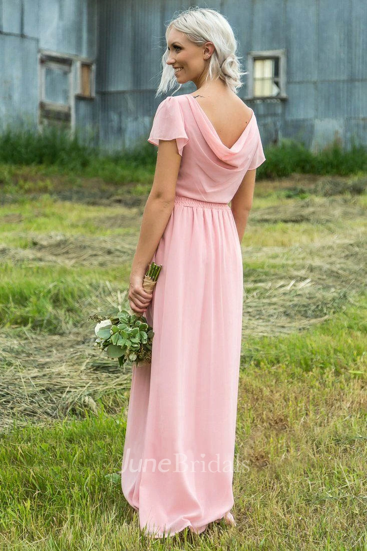Casual Chiffon Bateau-neck Floor Length Ruched Bridesmaid Dress