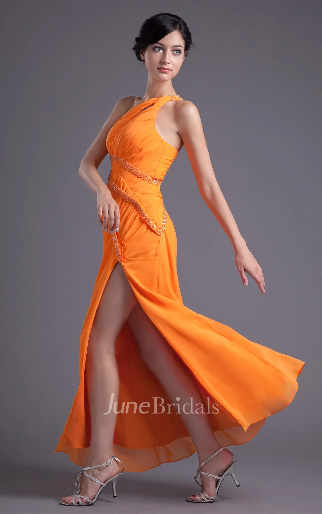 One-Shoulder Chiffon Front-Split Dress with Jewels