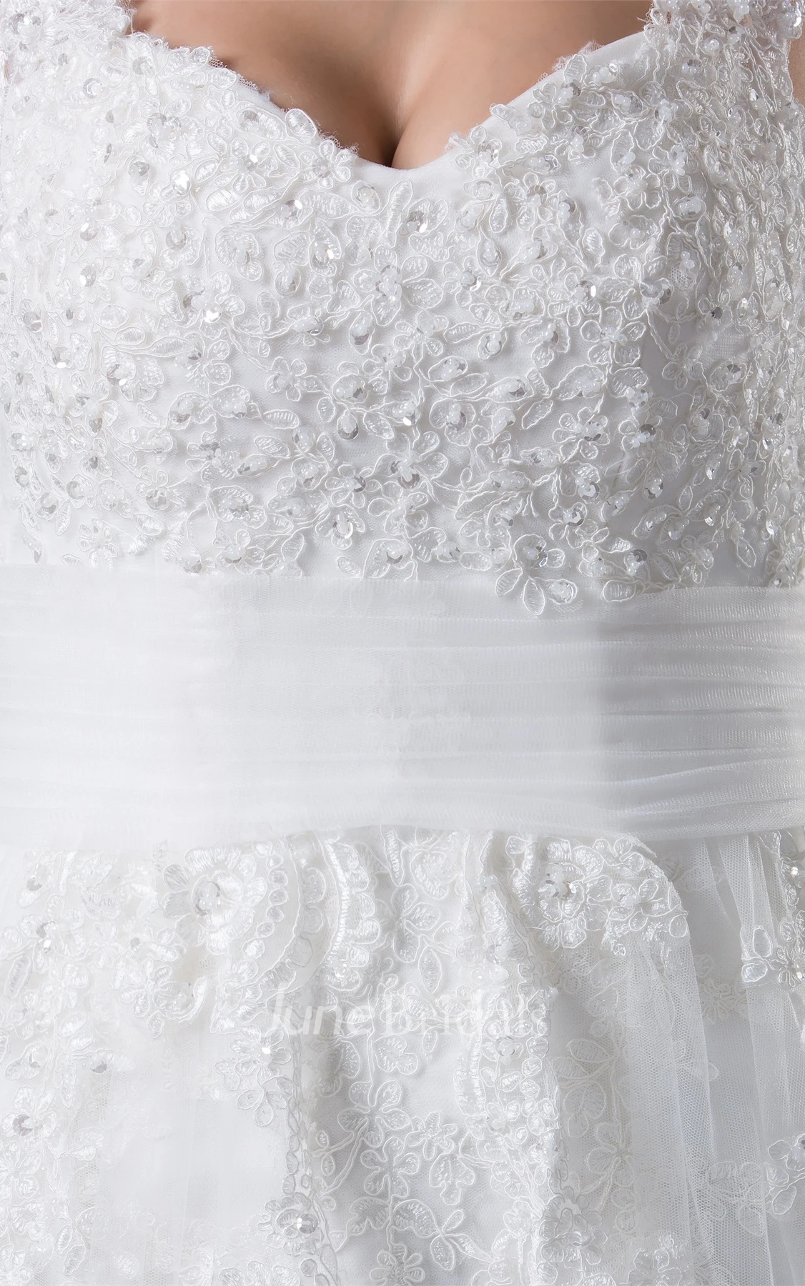 Scoop-Neckline Sleeveless A-Line Lace Gown with Appliques Cinched Waistband