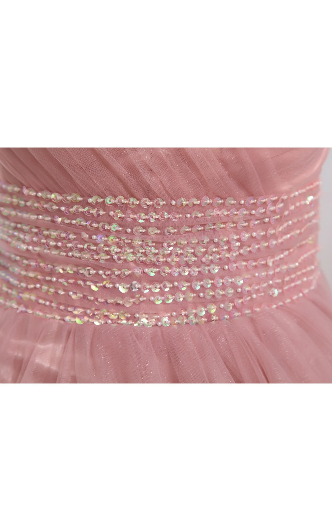 Sleeveless V-Neck Tulle A-Line Dress with Ruching and Beaded Waist