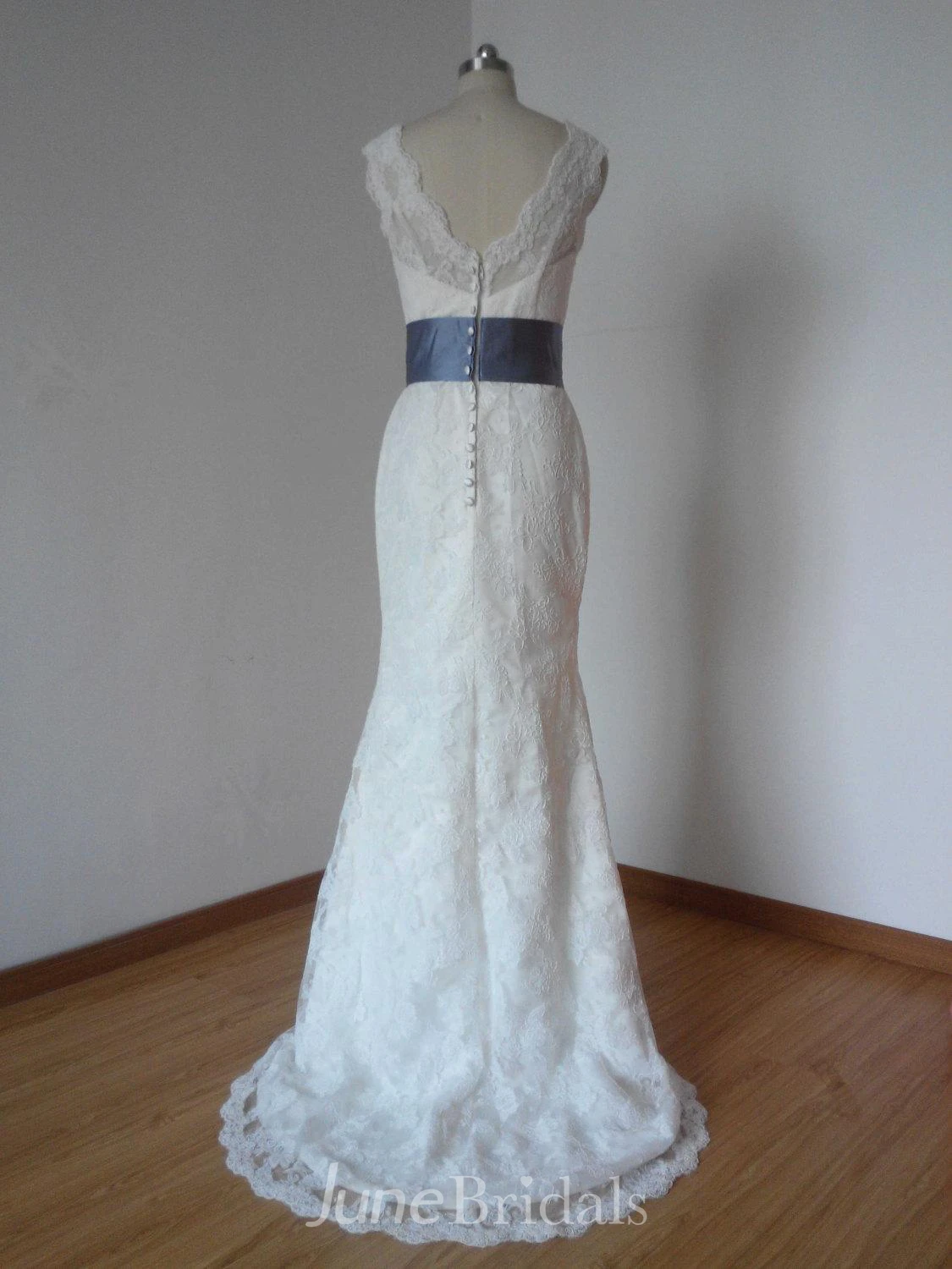 Sheath V-Back Ivory Lace Long Wedding Dress With Grey Sash and Back Buttons