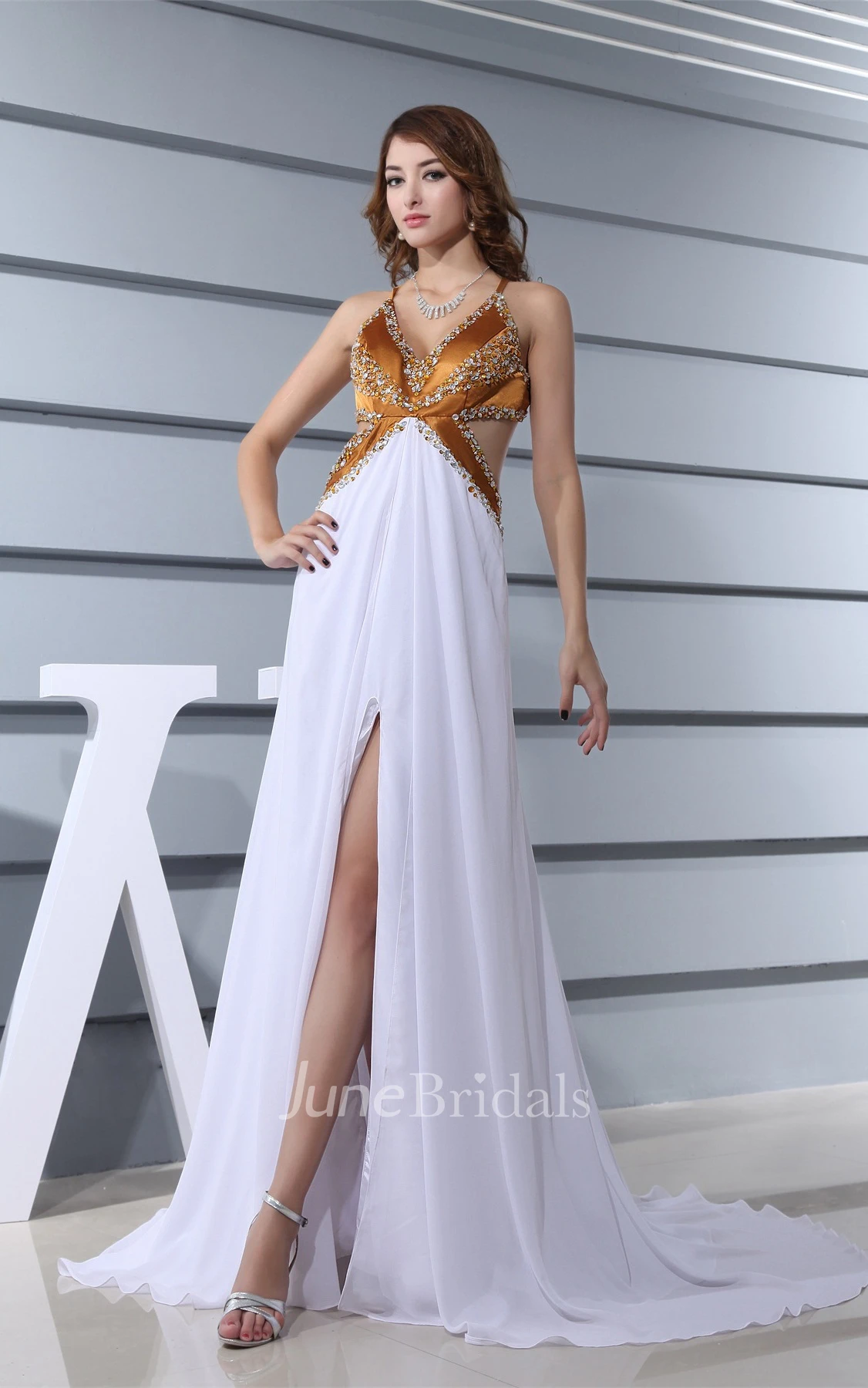 Two-Tone Plunged Spaghetti-Strap Dress with Keyhole and Front Slit