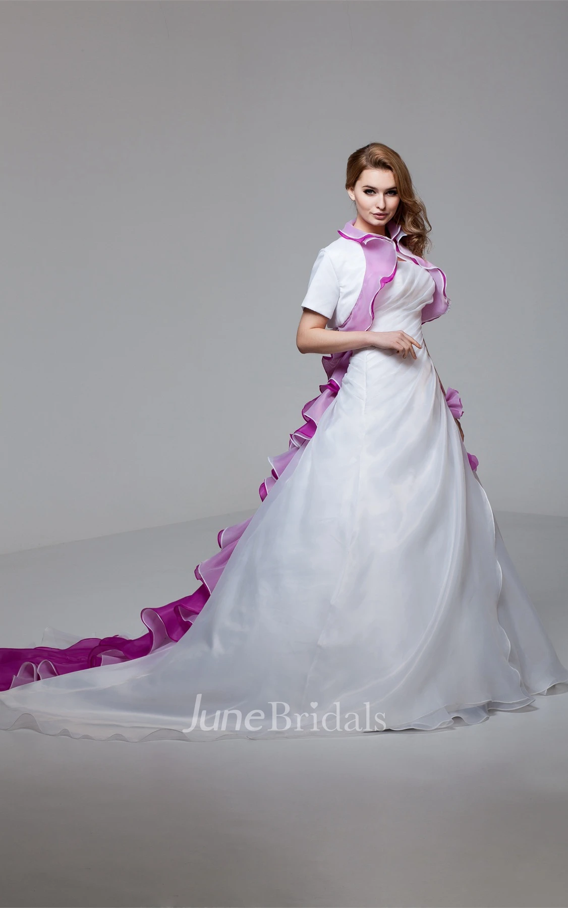 Strapless Side-Ruched A-Line Dress with Flower and Bolero