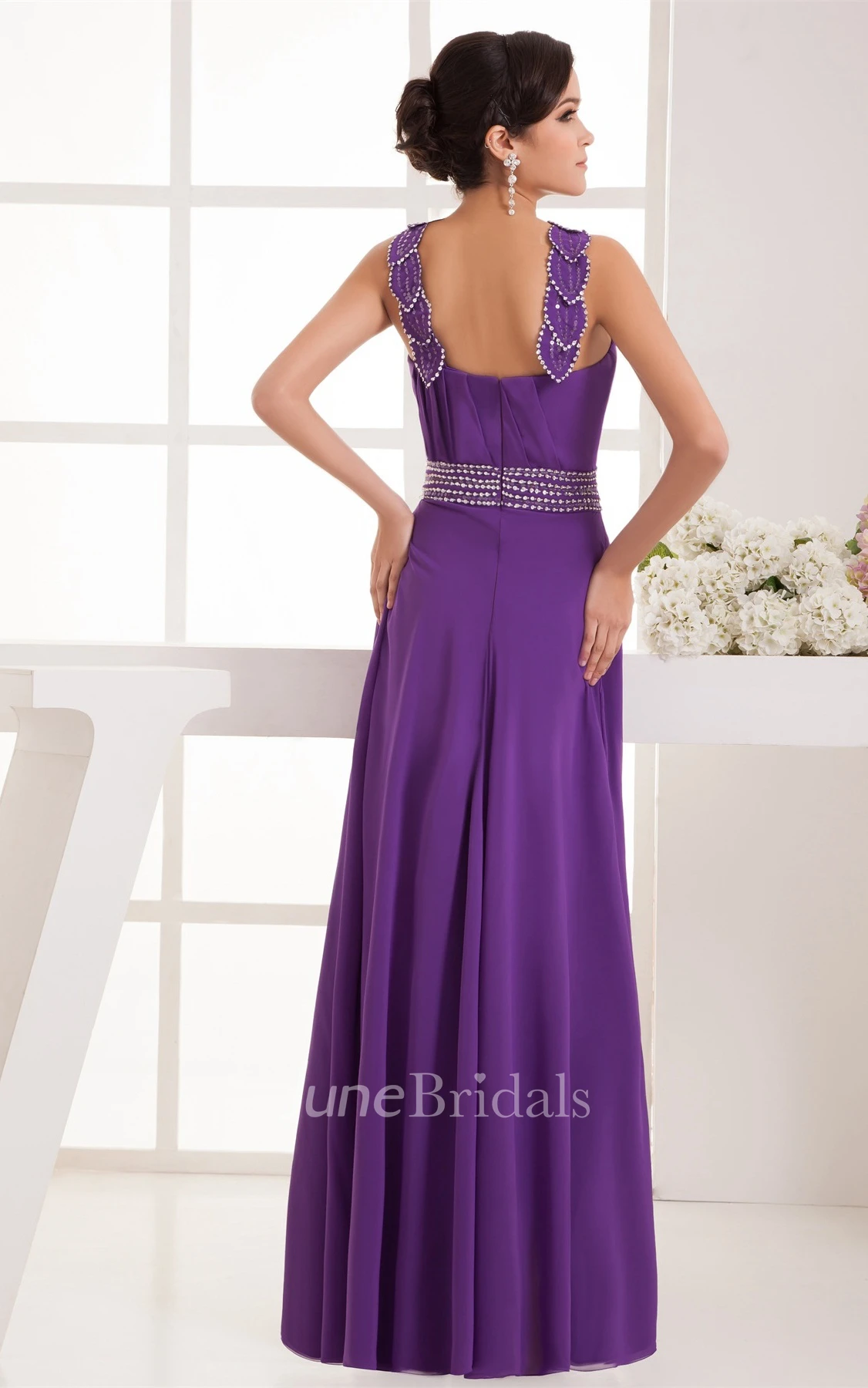 Chiffon Pleated Maxi Dress with Beading and Floral Embellishment