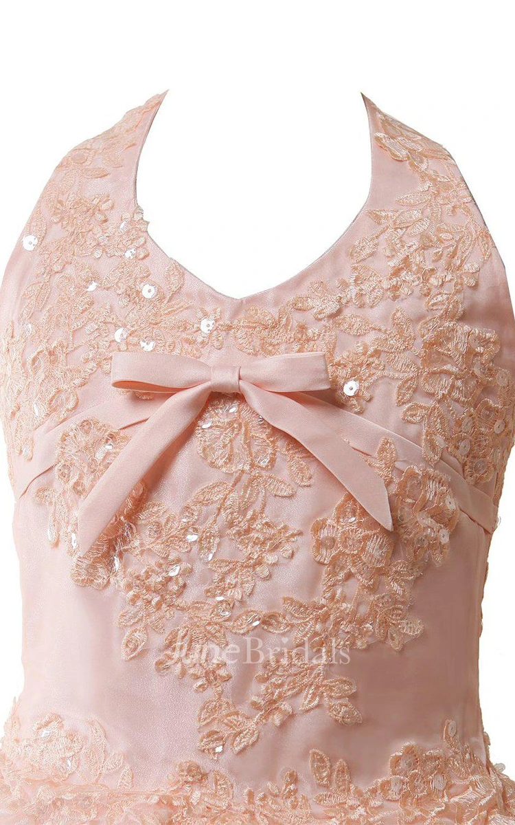 Sleeveless Halter A-line Dress With Appliques and Sequins