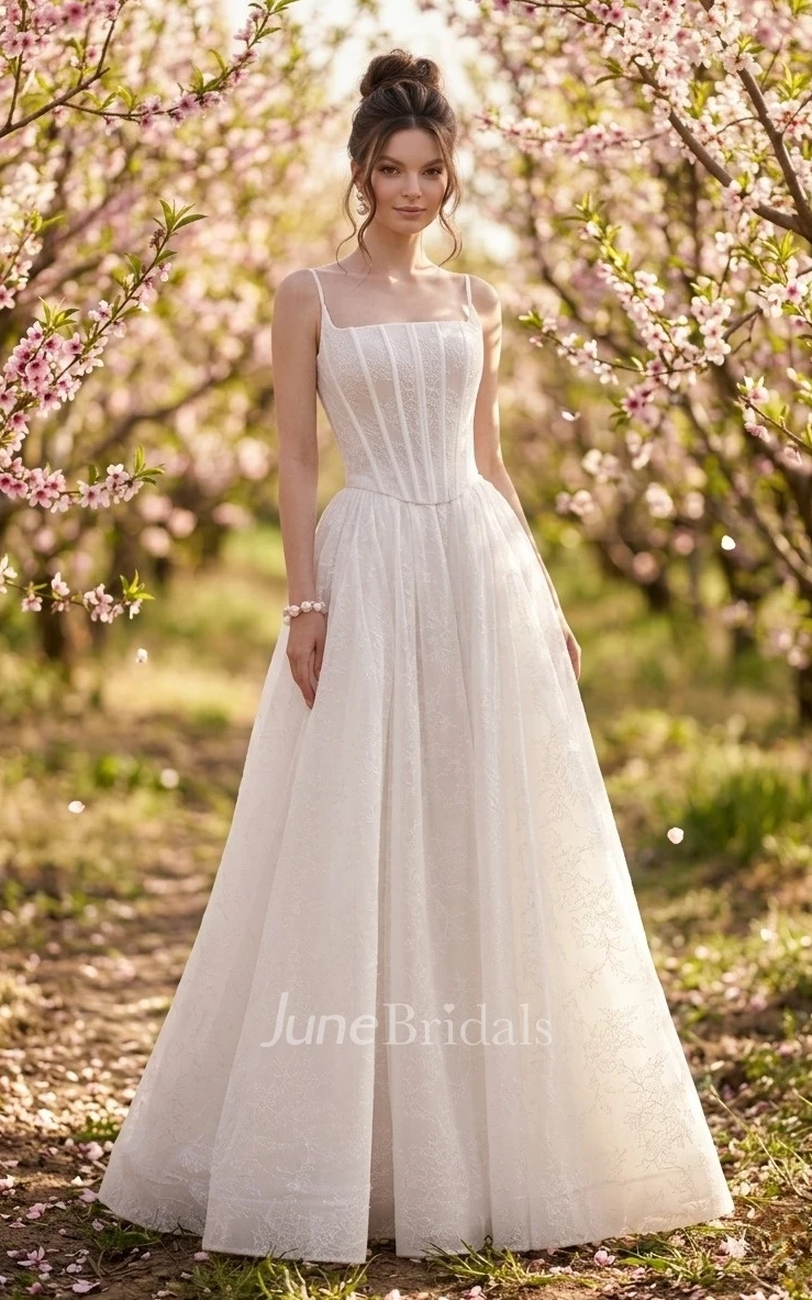 Two Piece Lace Tulle Wedding Dress A Line Sleeveless Square Neck Gown with Corset Back