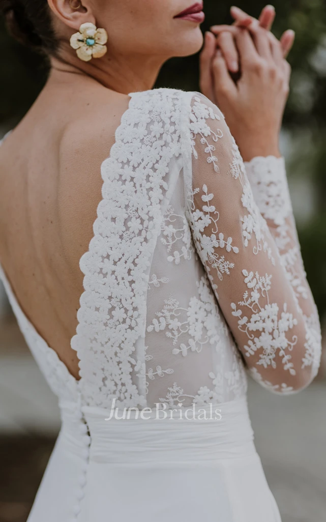 A-Line V-neck Simple Chiffon Beach Spring Wedding Dress With Illusion Back And Chapel Train