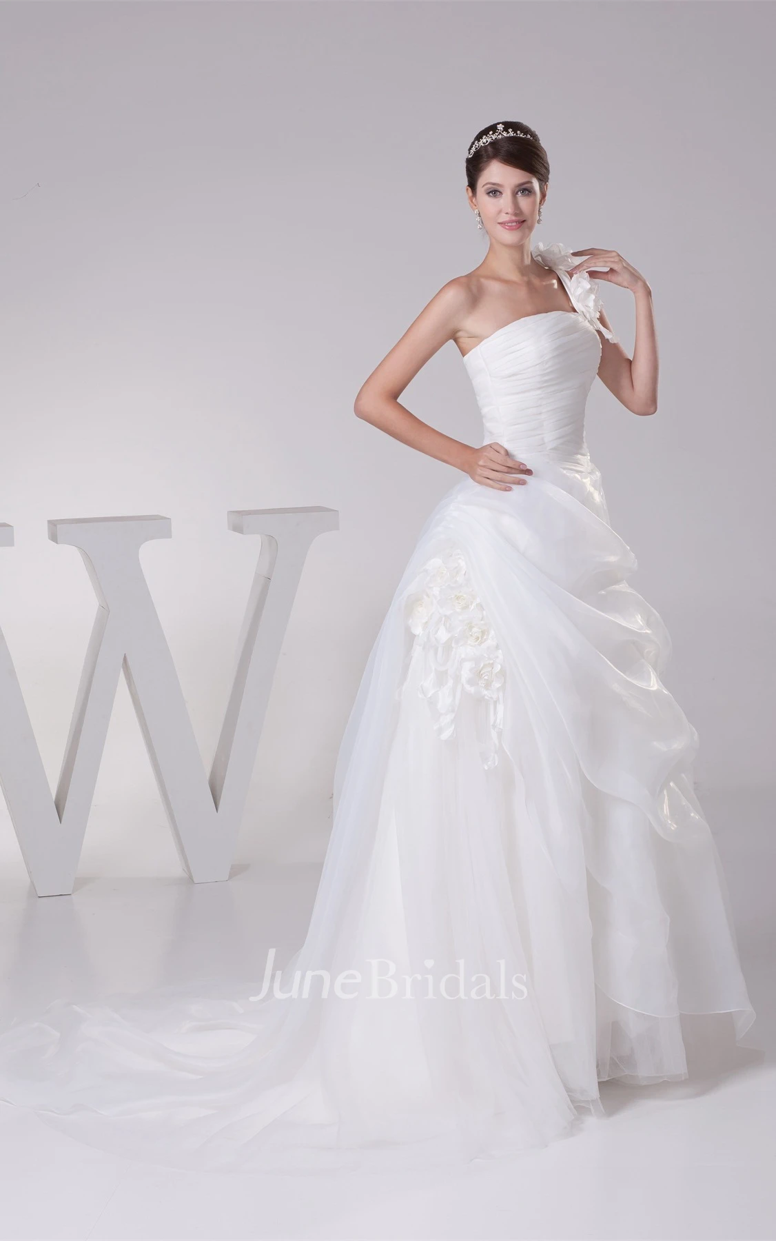 One-Shoulder Pick-Up A-Line Gown with Flower and Ruching