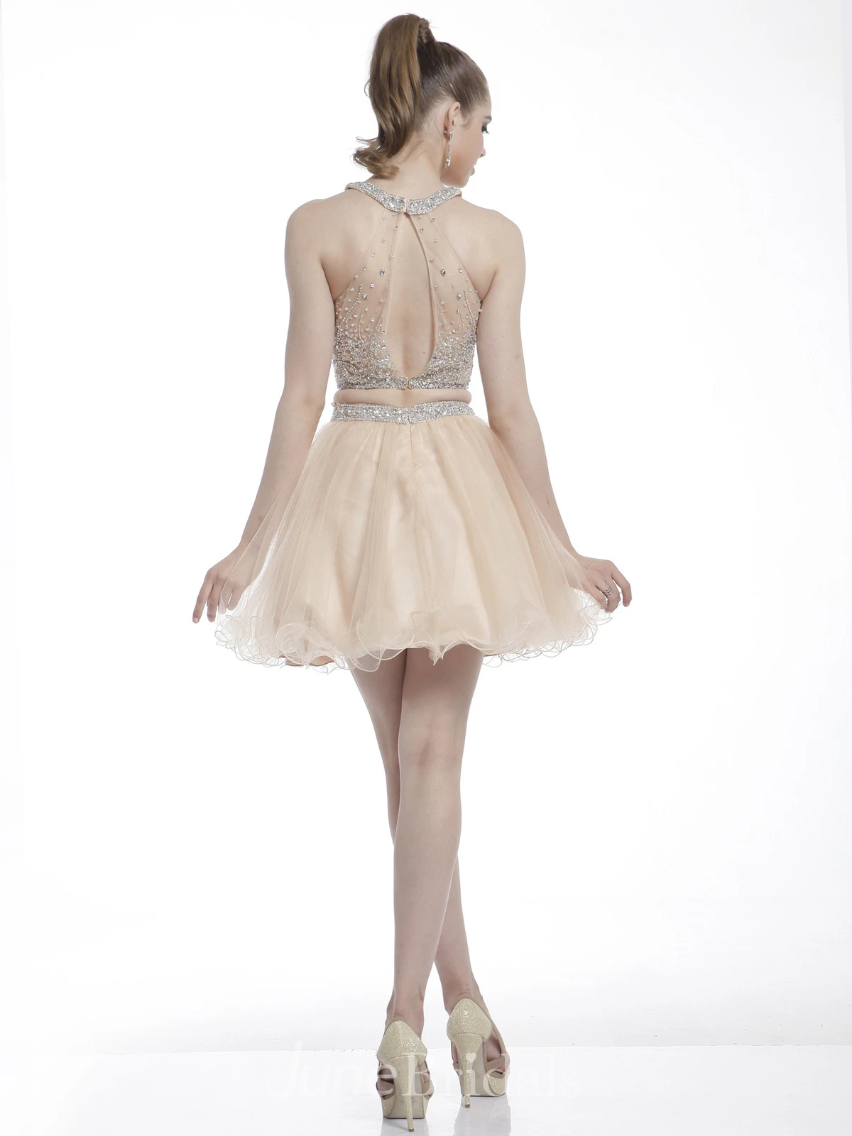 Two-Piece A-Line Short Jewel-Neck Sleeveless Dress With Beading And Ruffles