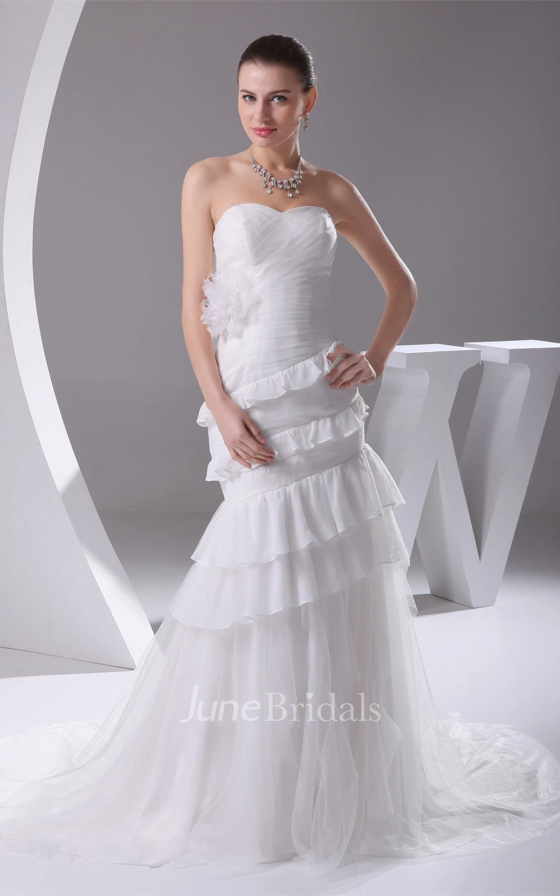 Sweetheart Criss-Cross Mermaid Tulle Dress with Peplum and Flower