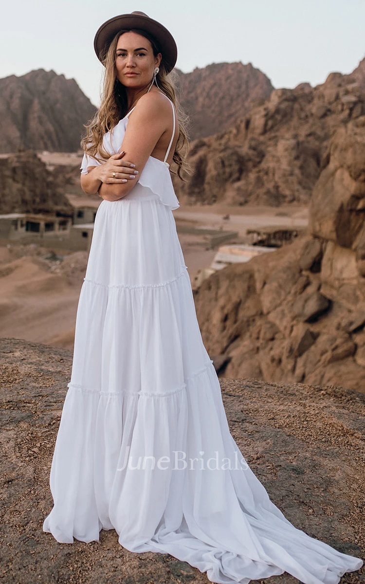 Casual Chiffon Spaghetti A Line Sleeveless Wedding Dress with Ruffles and Open Back