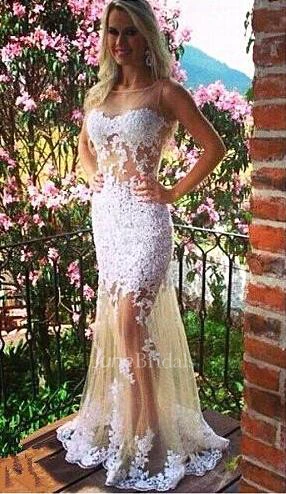 Sexy White Tulle Mermaid Evening Dresses Bateau Sleeveless Prom Gowns