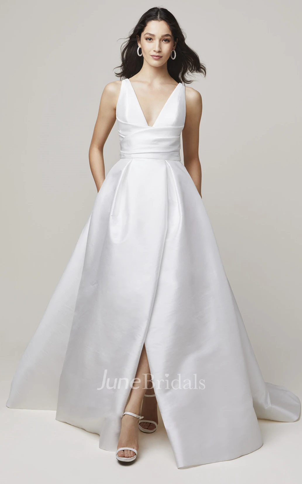 A Line Ethereal V-neck Satin Bridal Gown with Split Front