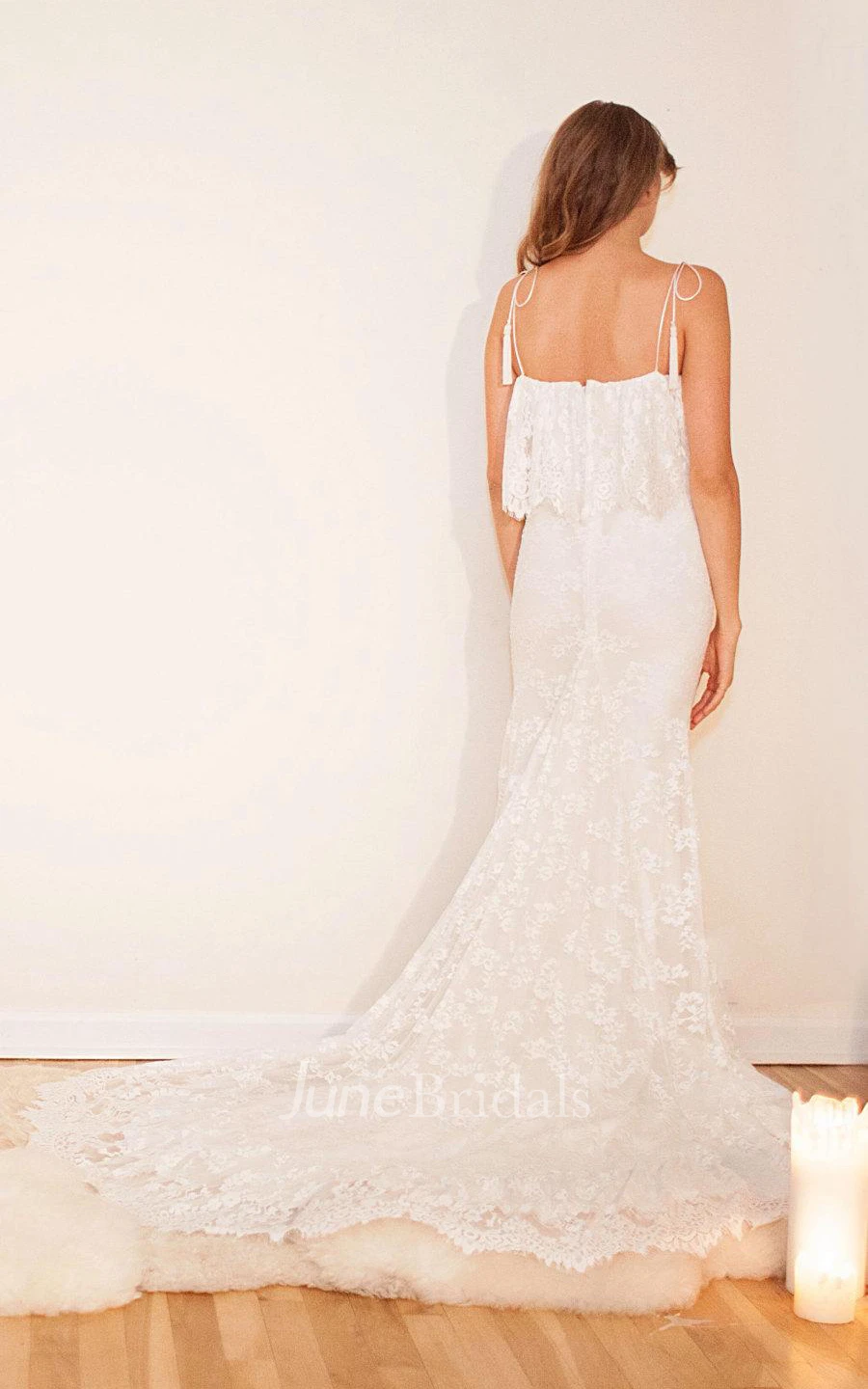 Off-Shoulder Long Sheath Lace Boho Wedding Dress With Ruffles