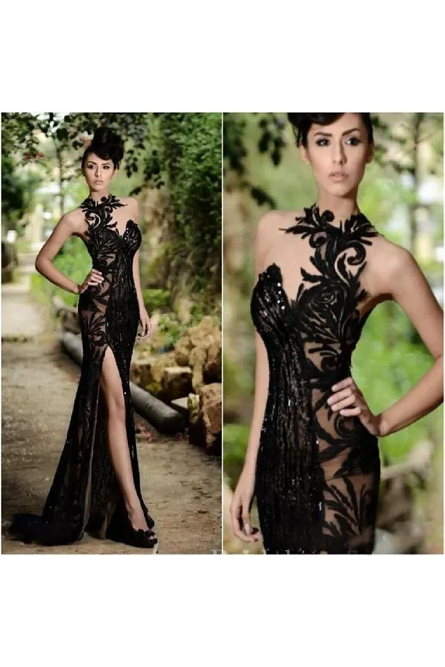 Bateau Lace Sexy Modern Bodycon Floor-length Sleeveless Open Back Zipper Lace Evening Dress 