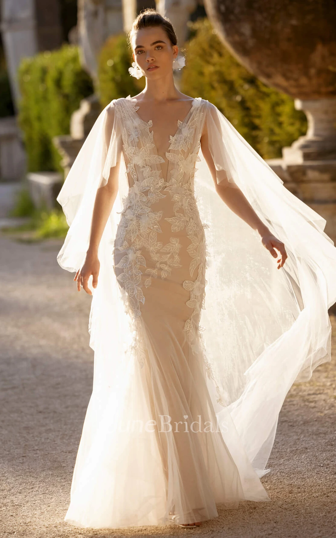 Plunging neckline chiffon wedding dress with detachable cape sleeves and  open back