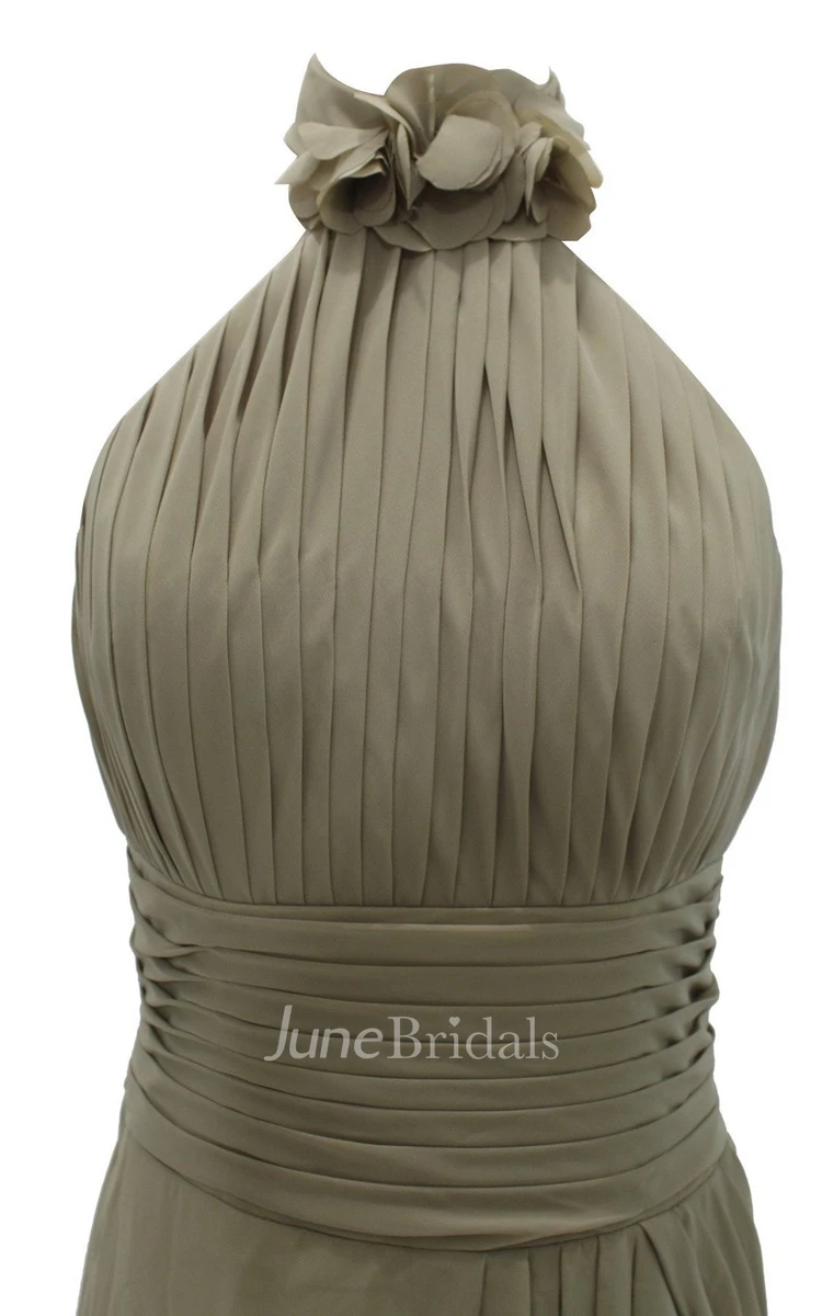 Floral Halter Pleated A-line Gown With Ruched Band
