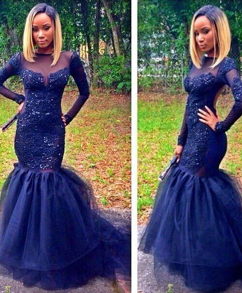 Sparkly Navy Blue Long Sleeve Prom Dresses Mermaid Appliques