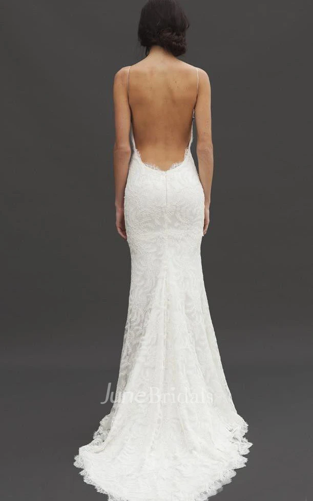 Spaghetti Straps Sleeveless Backless Lace Dress With Court Train