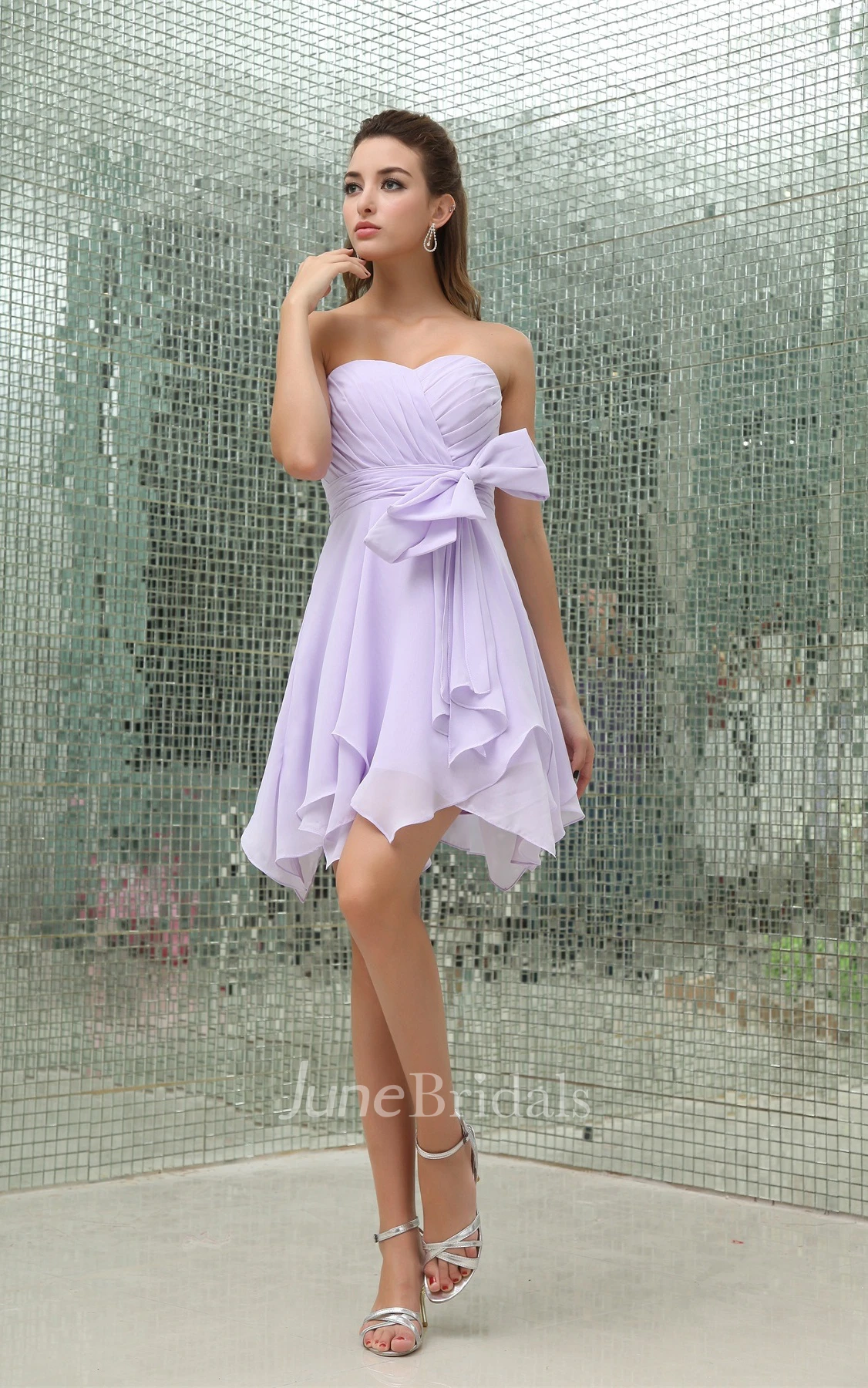 Sweetheart Criss-Cross Chiffon Mini Dress with Bow and Draping