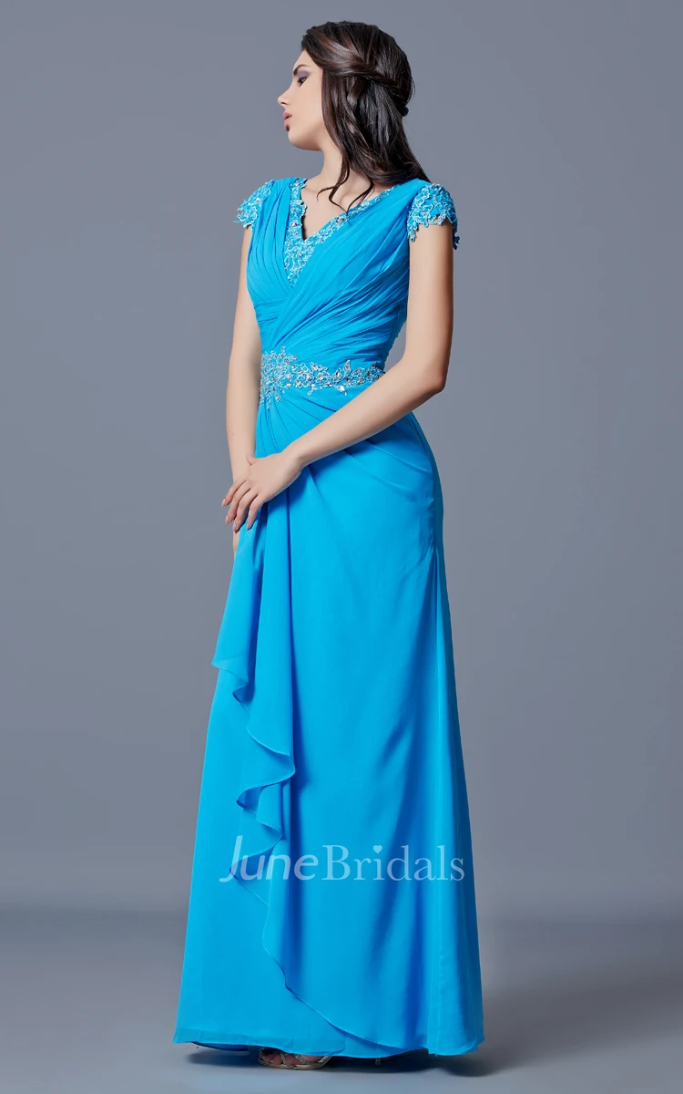 Sexy V-neckline Ruched Bodice Side-draped Beaded Chiffon Dress
