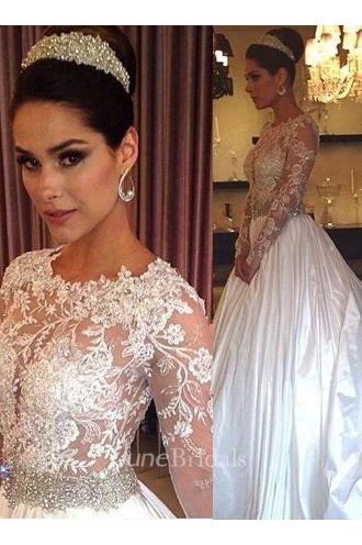 New Arrival Lace Appliques Long Sleeve Satin Wedding Dress Beadings Princess 