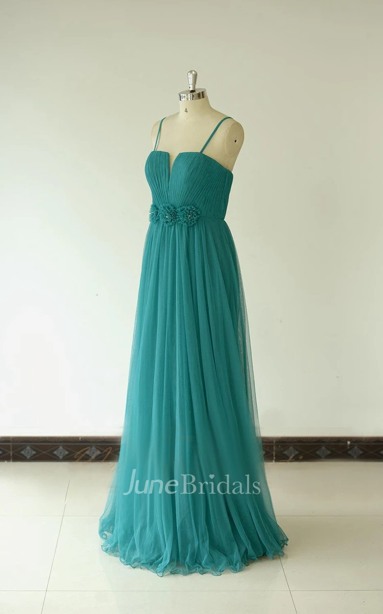 Floor-length Spaghetti Strapped Tulle Dress With Flowers