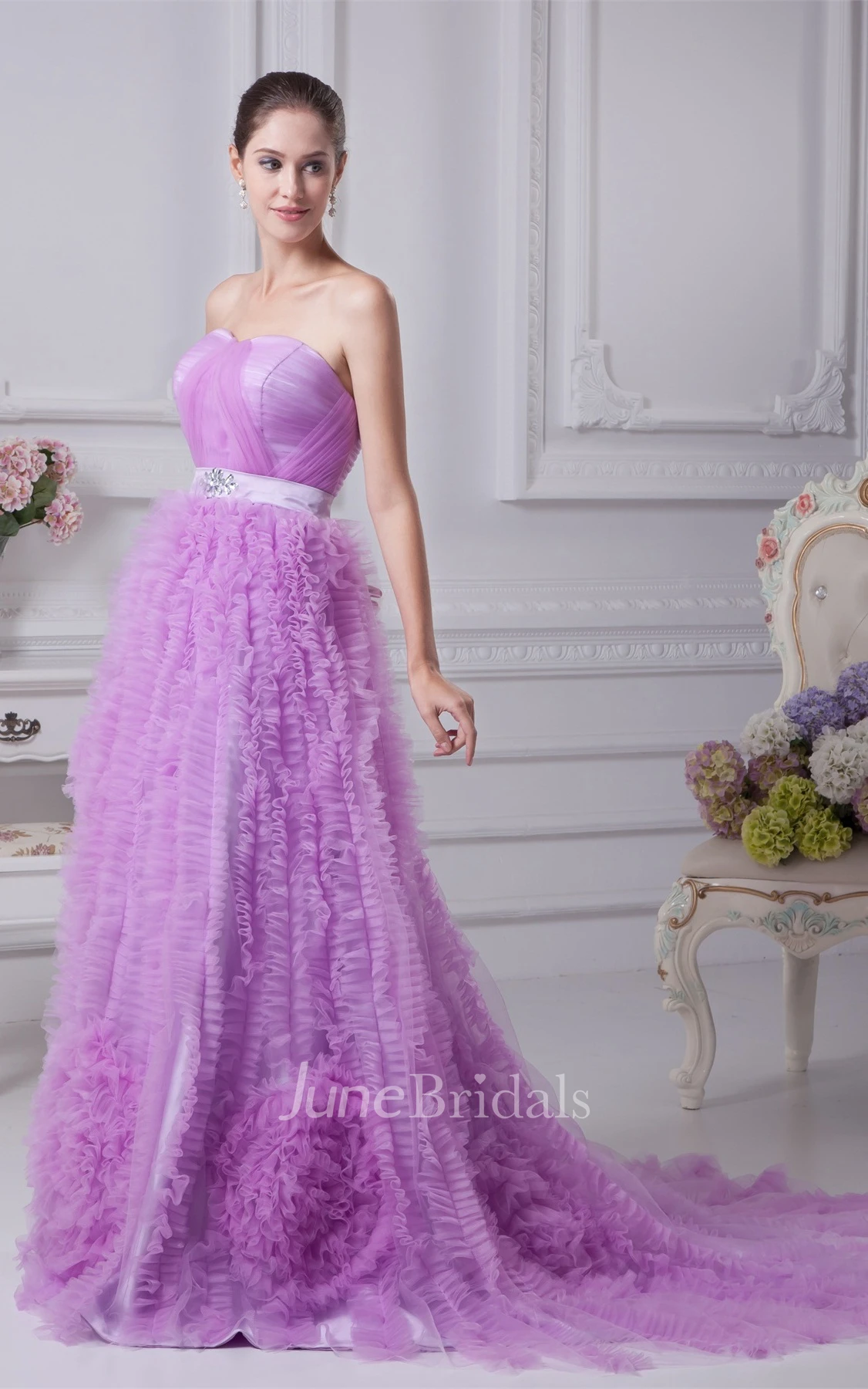 Strapless Ruched A-Line Gown with Ruffles and Broach