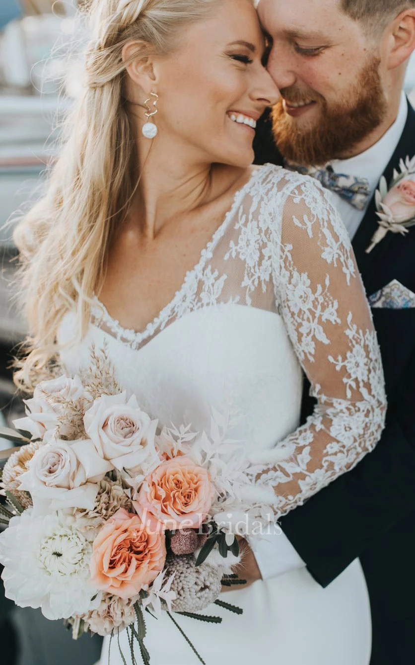 Elegant Lace Satin Sheath V-neck Sweep Train Deep-V Back Wedding Dress