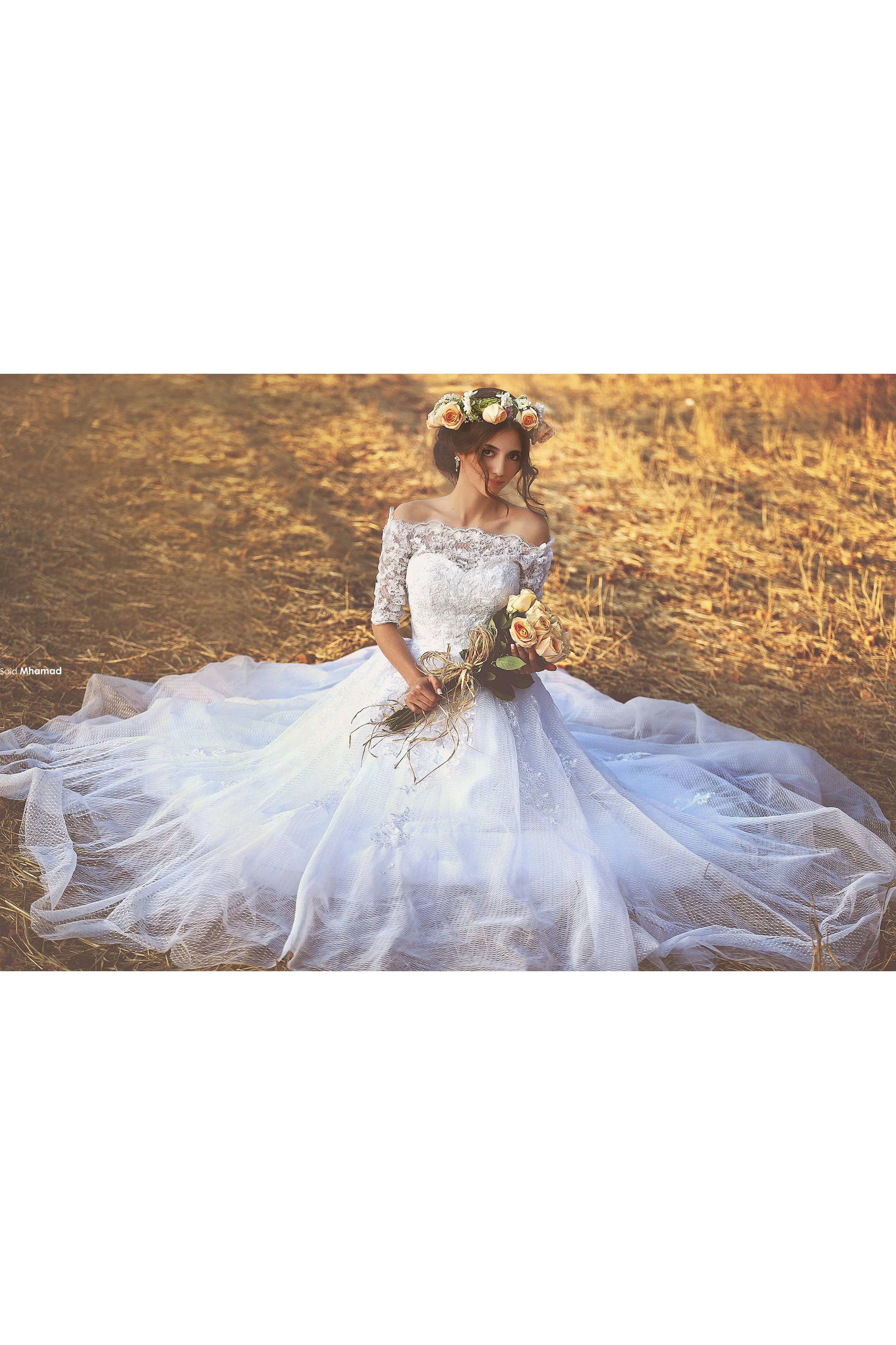 Elegant Tulle Lace Appliques Ball Gown Wedding Dress Half Sleeve