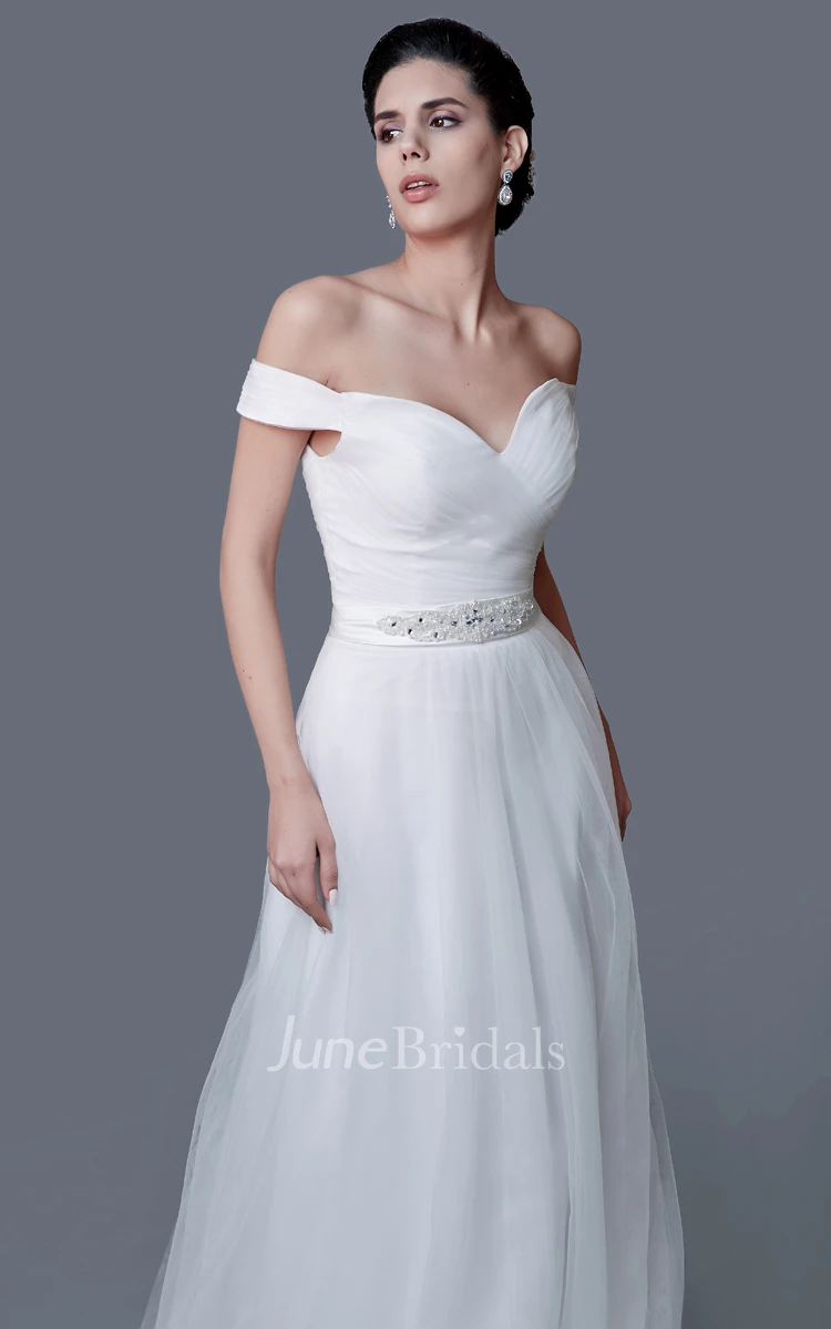 Elegant Off-the-shoulder A-line Tulle Dress With Low-V Back