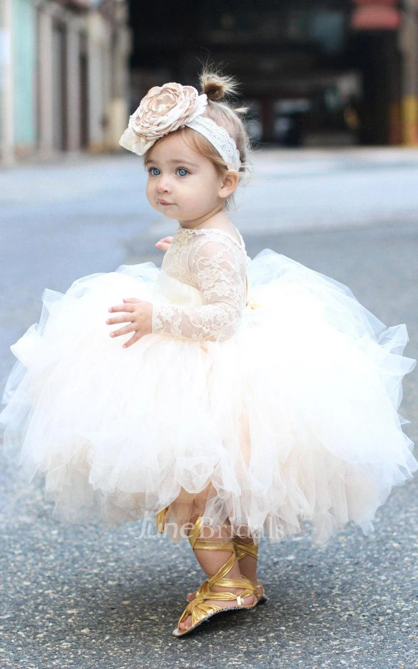 Long Lace Sleeve Sheer Neck Tulle Dress With Flower