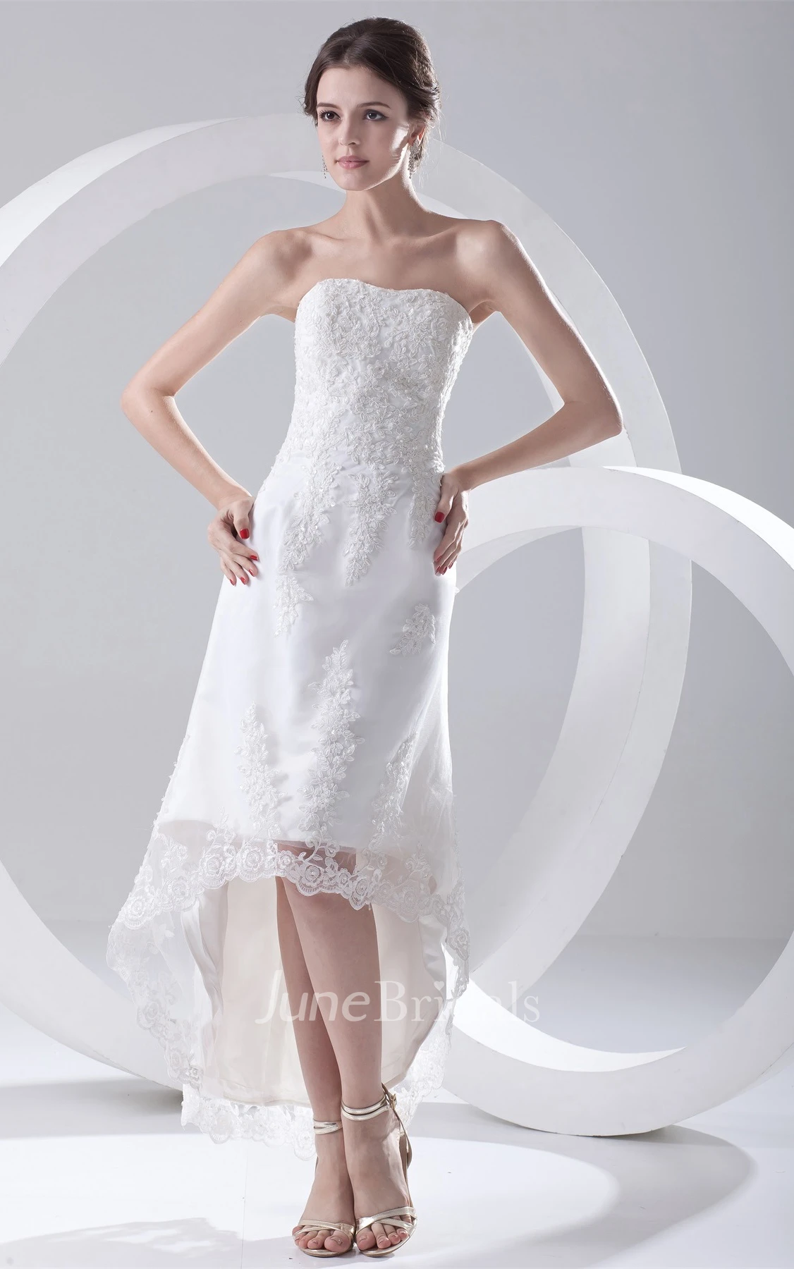 lace high-low strapless dress with crystal detailing