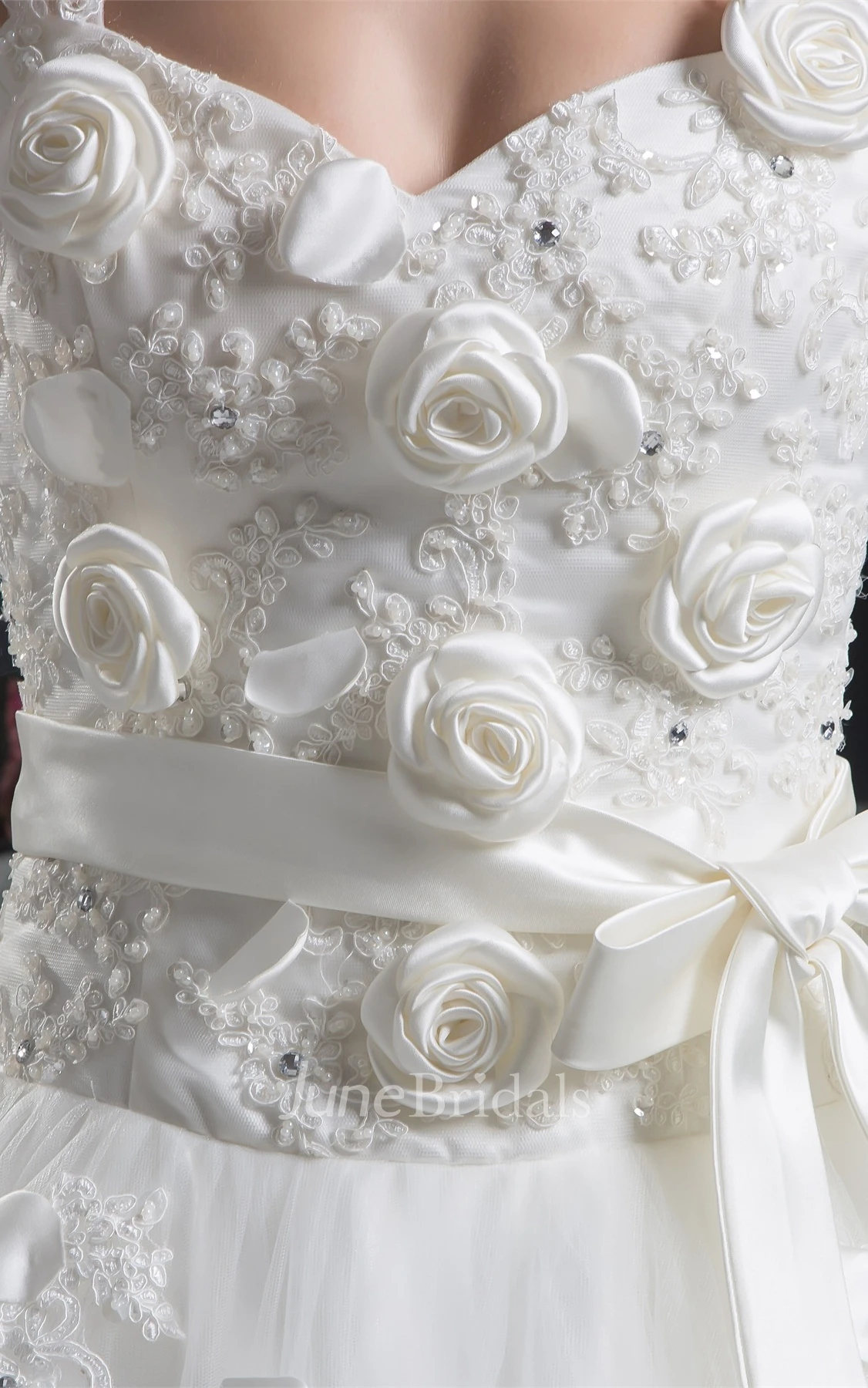 Strapped Tulle Ball Gown with Ribbon and Appliques