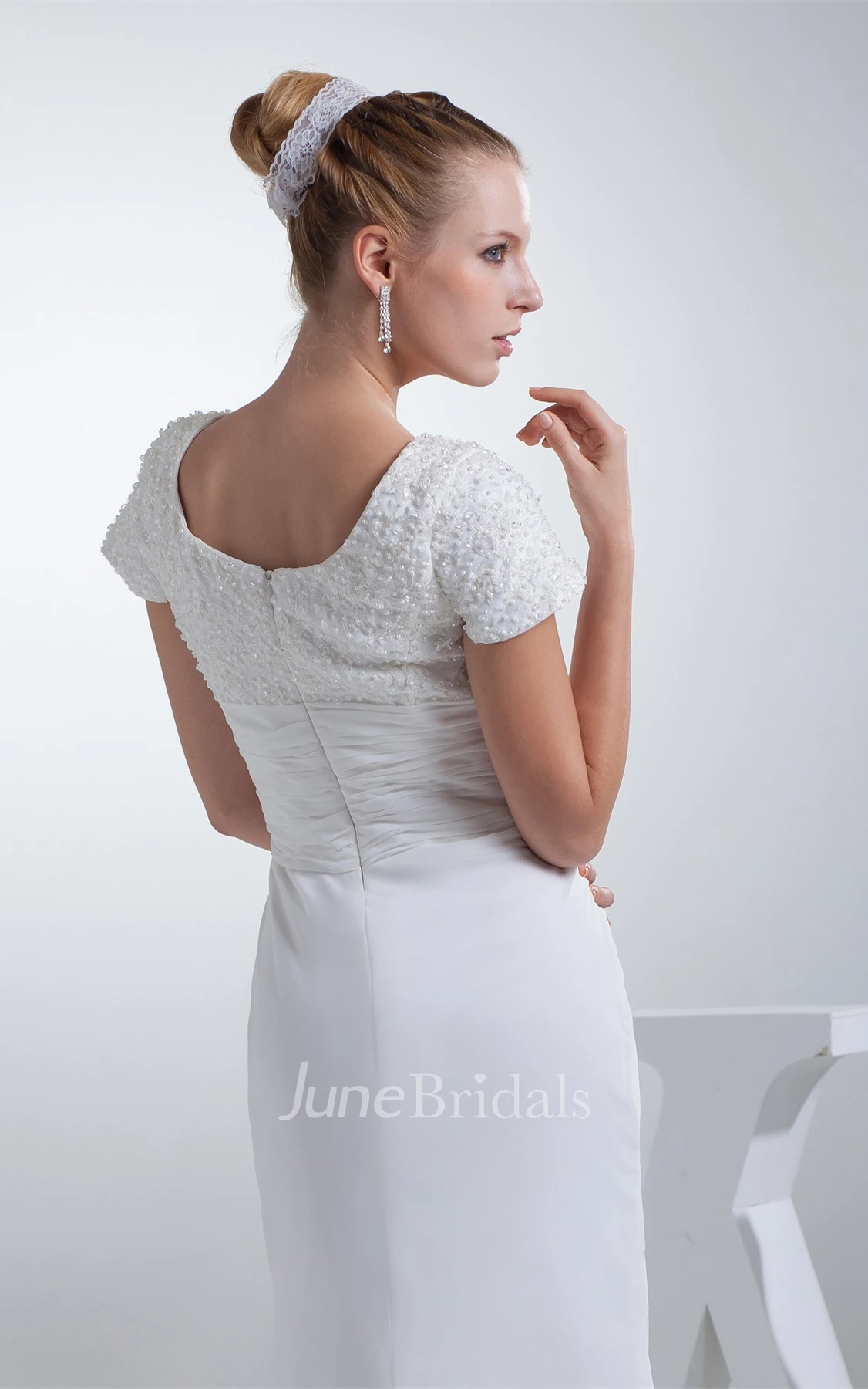 Square-Neck Short-Sleeve Sheath Dress with Ruching and Gemmed Top