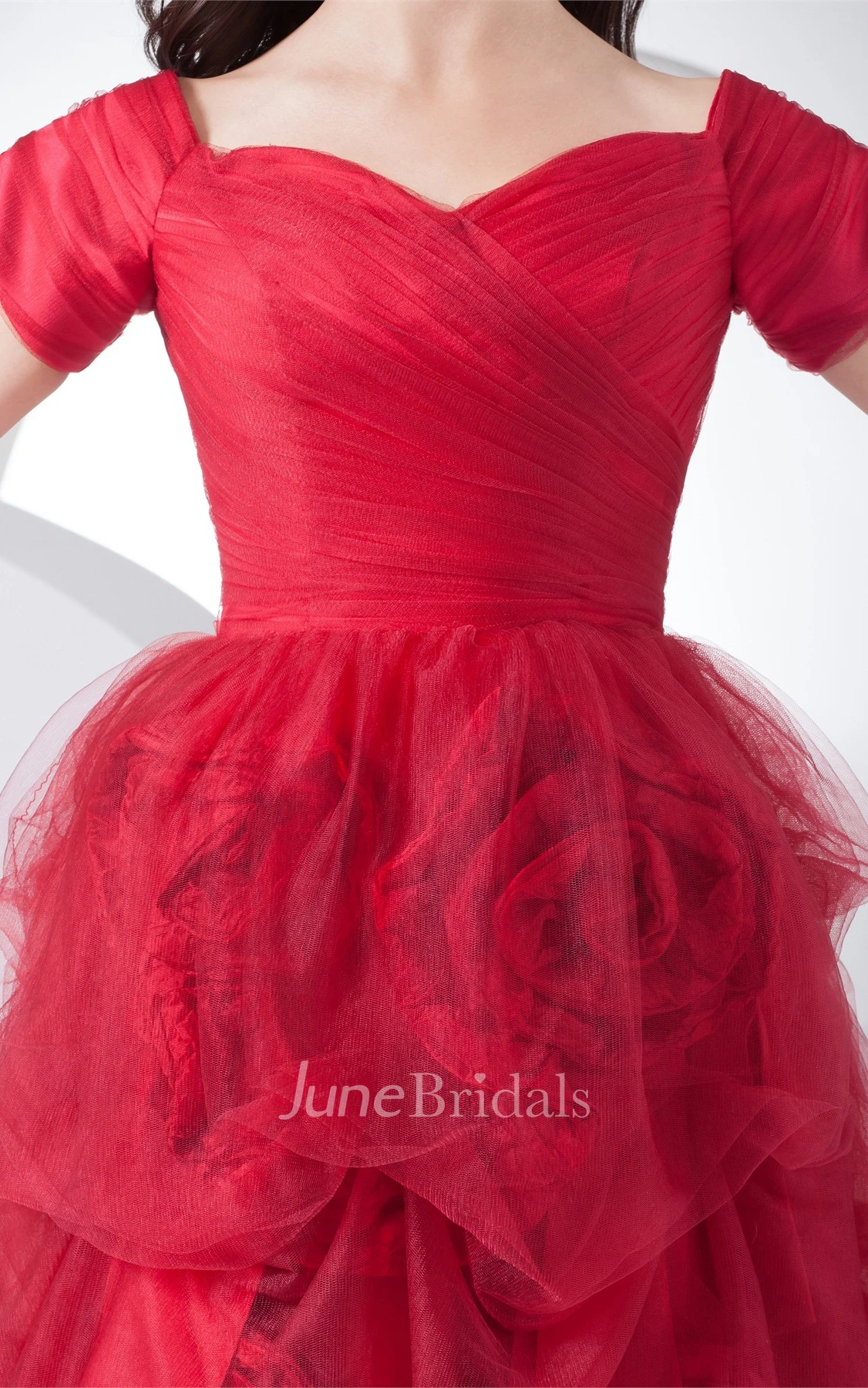 Short-Sleeve Pick-Up A-Line Gown with Ruching and Flower