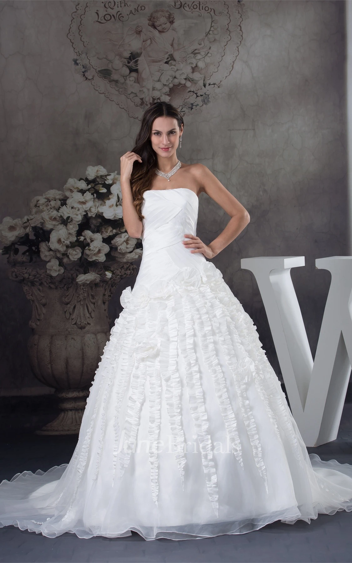 Strapless Criss-Cross A-Line Satin Bodice Dress with Flowers and Tulle Overlay