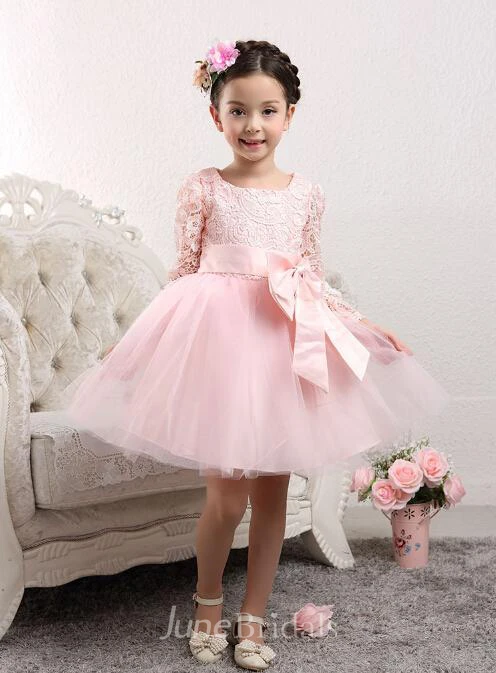 Lovely Tulle Lace Flower Girl Dress Bowknot Long Sleeve Zipper