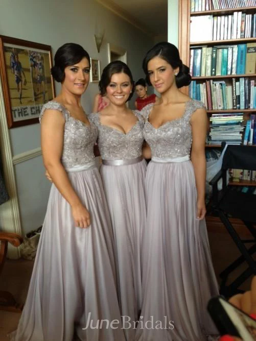 V-Neck Chiffon Lace Sequins Beads Cap Sleeves Dress