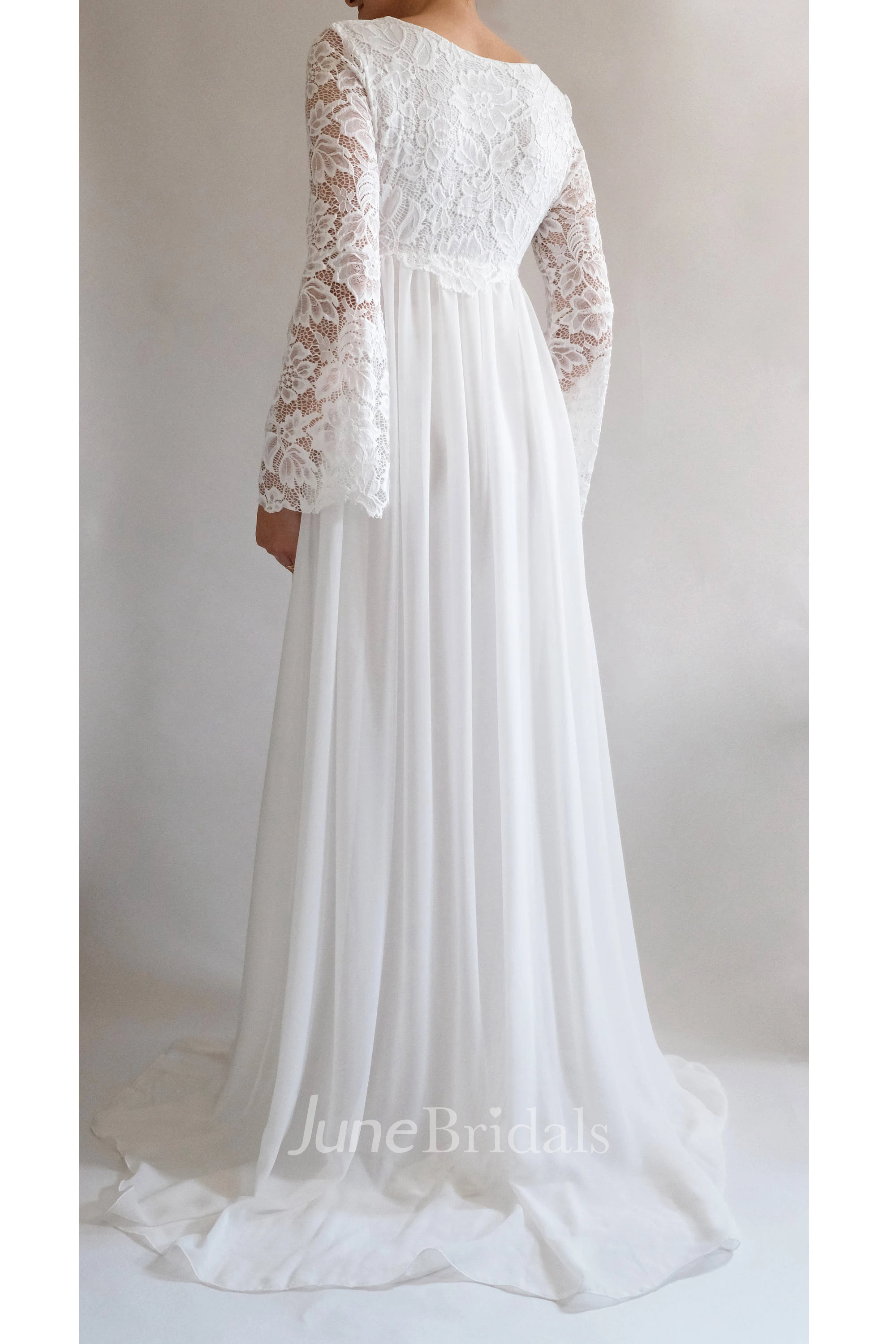 Casual Bohemian Long-Sleeve Wedding Dress Simple Maternity Lace Chiffon  Square Neck Empire Waist Bride Gown - June Bridals