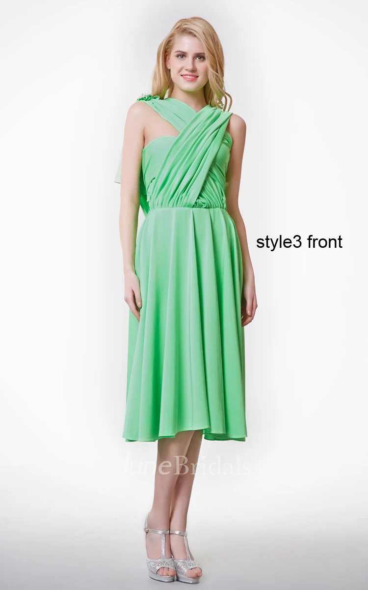 Convertible Ruched One Shoulder Knee-length Jersey Dress With Pleats