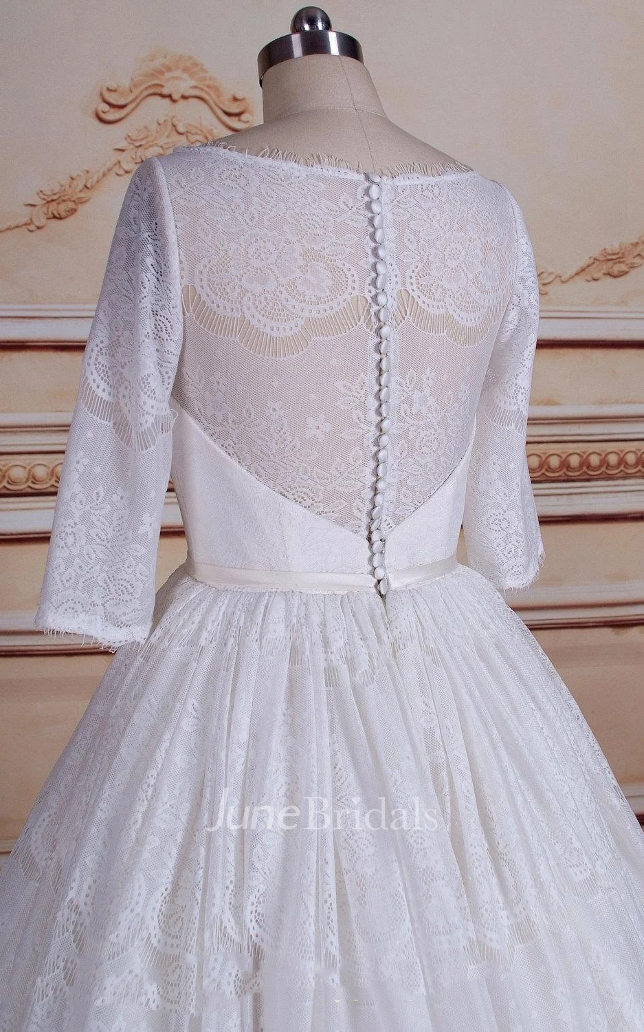 A-Line Tea-Length 3-4 Sleeve Tulle Lace Satin Dress With Button