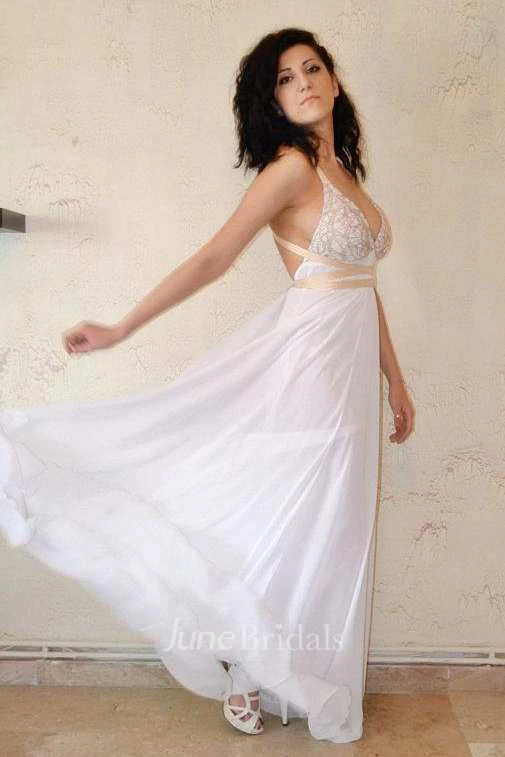 Plunged Sleeveless Chiffon Empire Dress With Straps