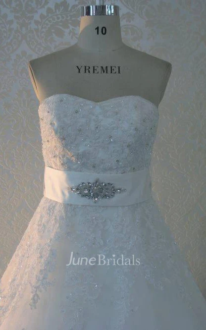 Sweetheart Lace-Up Back Long Tulle Wedding Dress With Sash And Crystal Detailing