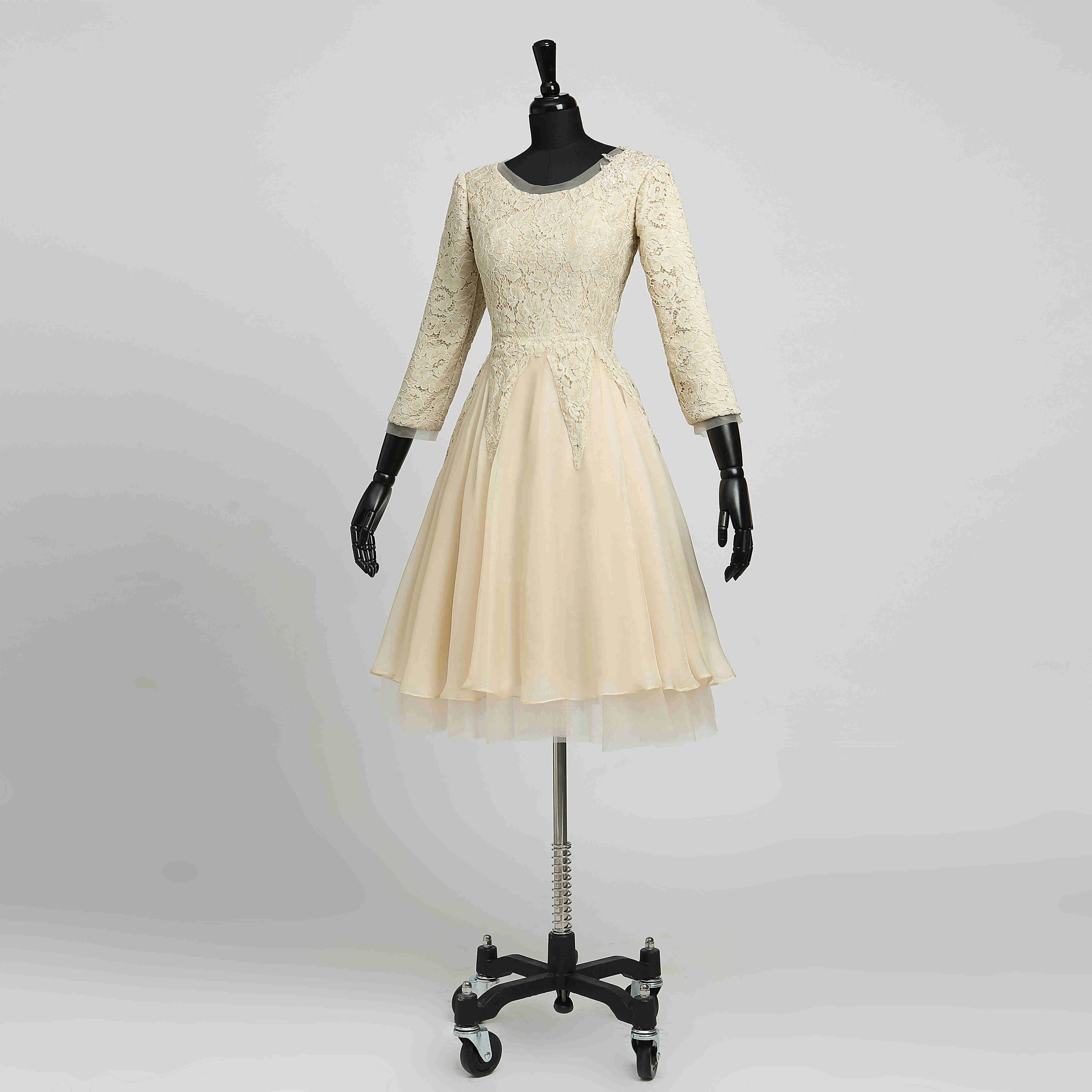 A-Line Scoop Chiffon Adorable Short Mini 3-4 Length Sleeve Zipper Dress with Lace