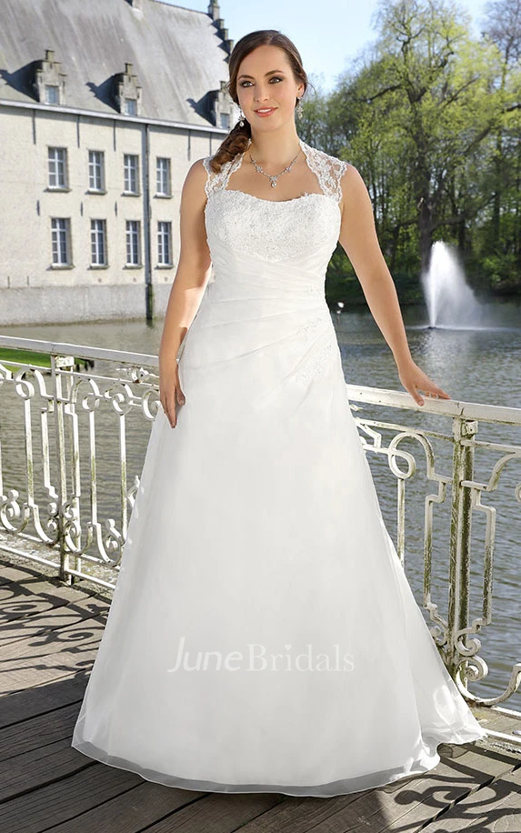 A-Line Long Queen Anne Sleeveless Satin Illusion Side Draping Dress