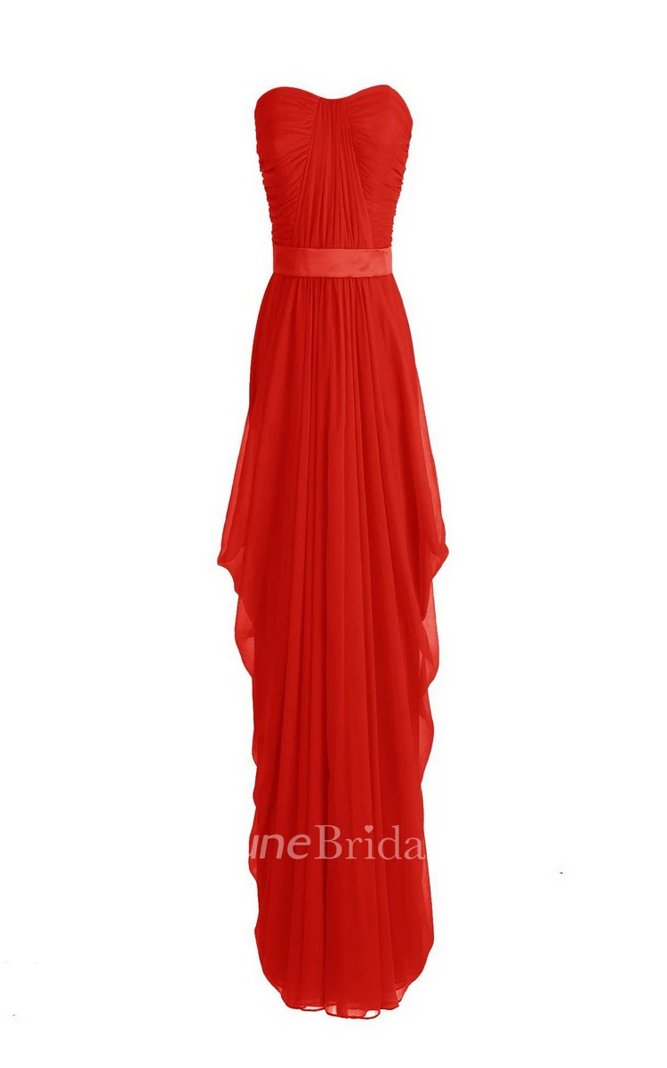 Strapless Asymmetrical Chiffon Gown With Pleats