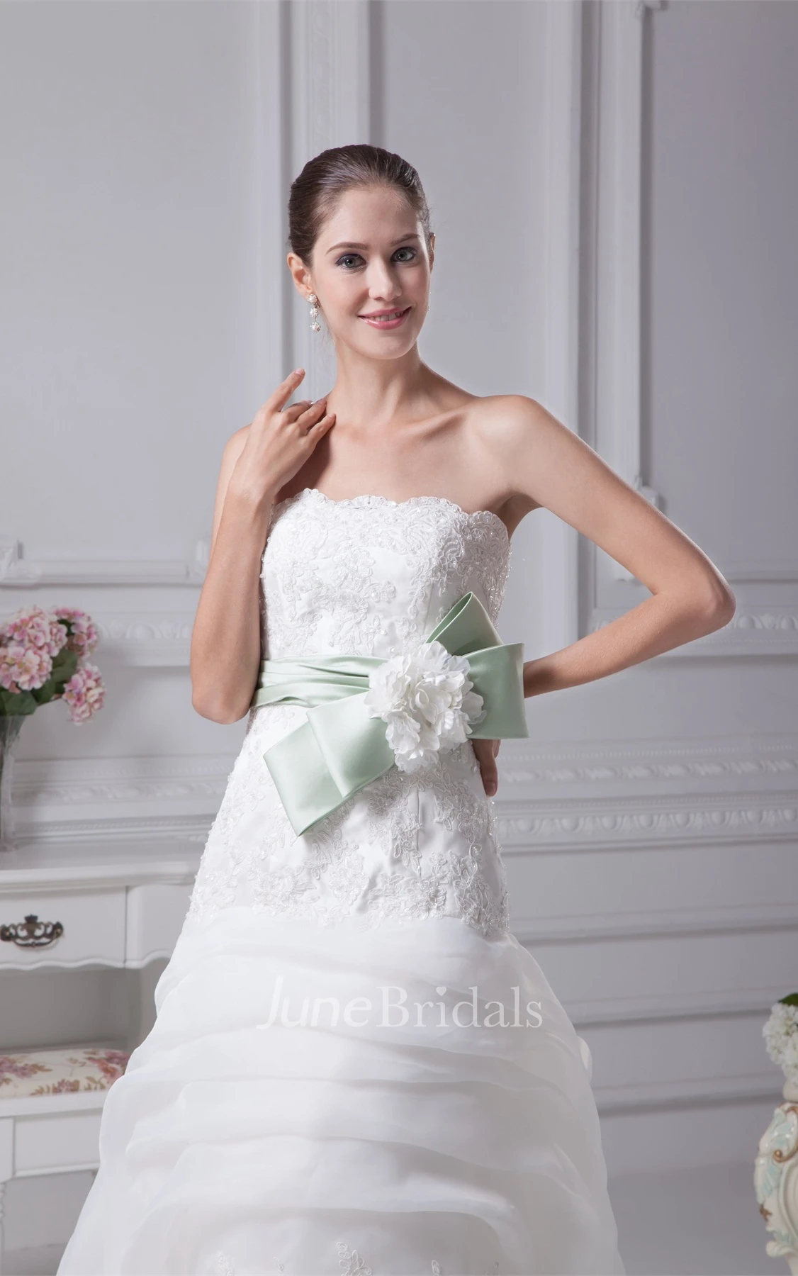 Strapless Appliqued A-Line Gown with Beading and Floral Bow