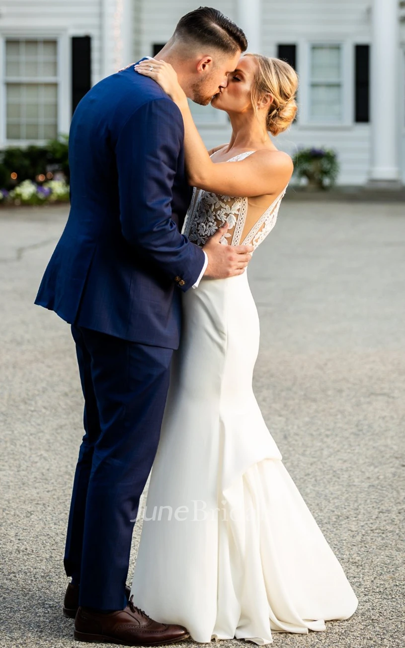 Modern Mermaid Plunging Neckline Sweep Train Satin Warm Wedding Dress