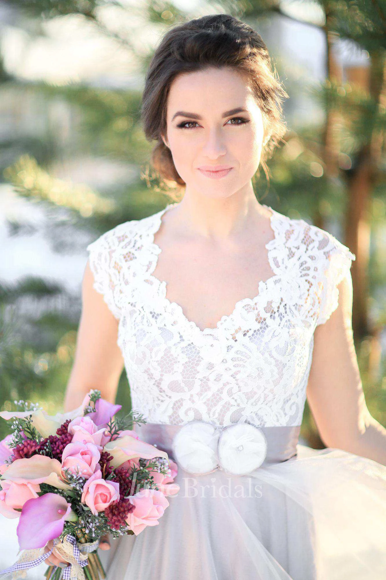 Queen Anne V-Neck Lace Tulle Wedding Dress With Keyhole